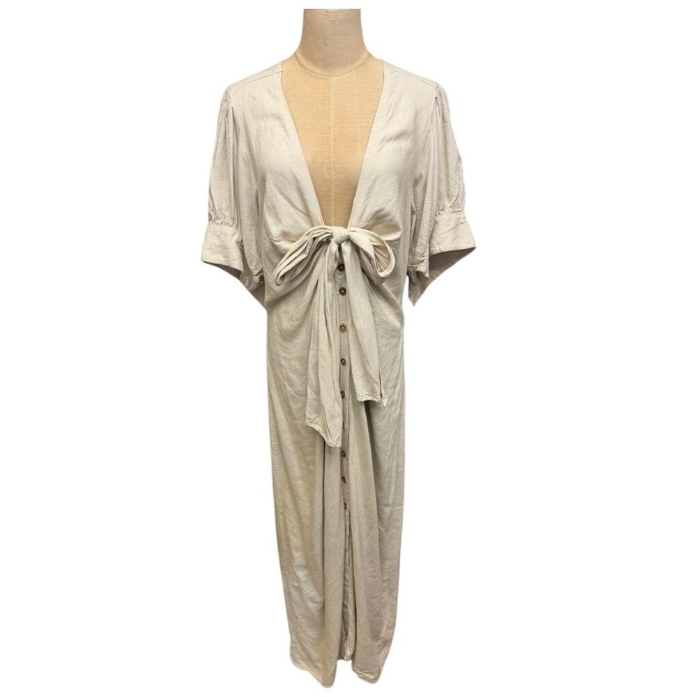 "Free People" Linen Blend Tie Front Button Down Maxi Dress Beige Womens SZ XL